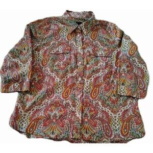 Talbots Blouse Size 10 Paisley Button 3/4 Sleeve Pockets Lightweight Cotton